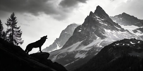 Silhouette of a wolf howling at the moonlit mountains and stormy sky