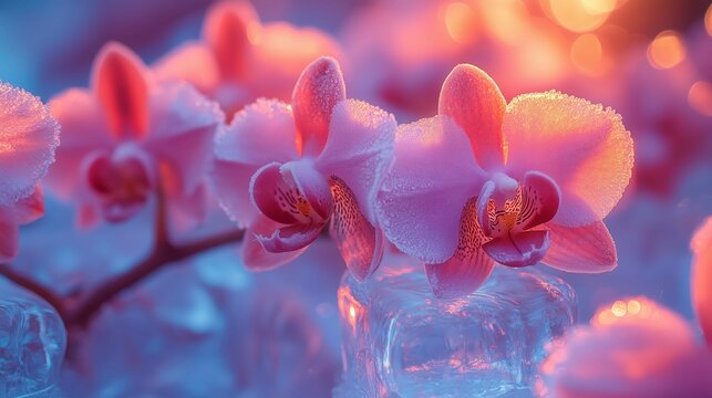 Pink orchids covered in frost rest delicately on ice, illuminated by soft, colorful lighting in a dreamy close-up scene.