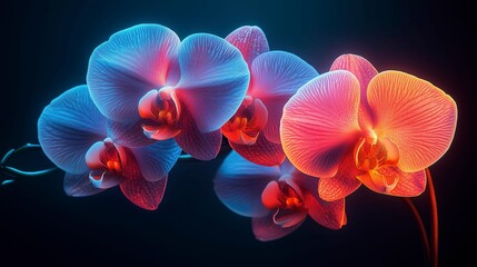 Plakat Vividly lit orchids in blue and pink hues glow against a dark background, showcasing their delicate petals and striking beauty.