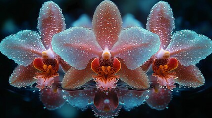 Three vibrant orchids with dewdrops are mirrored on a reflective surface, creating a stunning, symmetrical floral display. © Molka