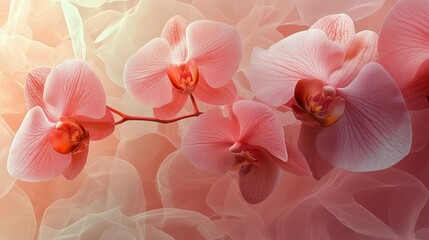 Delicate pink orchids bloom gracefully against a soft, dreamy pastel background. © Molka