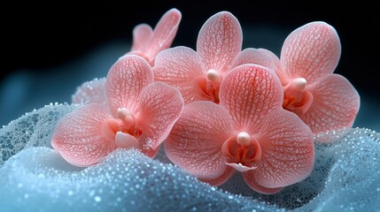 Fototapeta premium Delicate pink orchids rest gracefully on a bed of sparkling, dewy fabric, creating a serene and elegant floral scene.