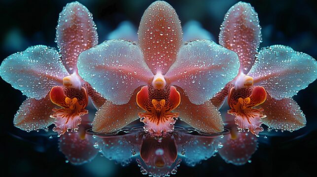 Three vibrant orchids with dewdrops are mirrored on a reflective surface, creating a stunning, symmetrical floral display.