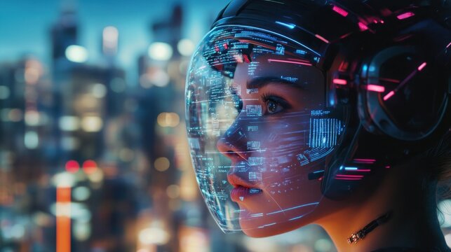 Woman in futuristic augmented reality glasses - Powered by Adobe