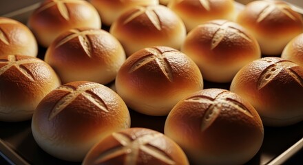 Fresh Baked Golden Brown Bread Rolls with Cross Scored Tops in Baking Tray