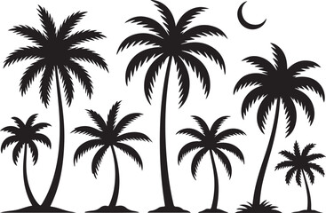 Black Silhouette of a Tropical Beach Scene with Palm Trees and Crescent Moon for Creative Graphic Design