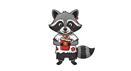 Cartoon raccoon in halloween costume holding bucket filled with candy on a white background isolated