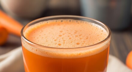Fresh Carrot Juice in Clear Glass with Frothy Foam and Condensation Closeup