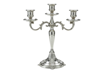 Ornate brass three arm candelabra isolated on transparent background