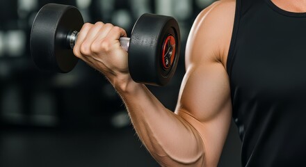 Muscular Arm Lifting Black Dumbbell During Intense Strength Training Workout in Gym