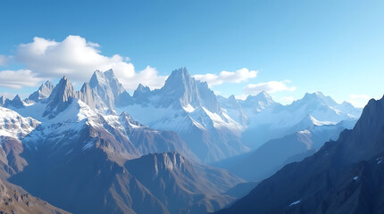 Majestic snow capped mountain range under a clear blue sky with scattered clouds