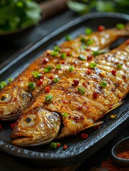 The grilled fish has a golden and crispy skin, sprinkled with chili powder and chopped green onions