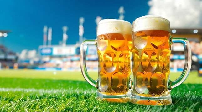 Refreshing beer mugs on sunny stadium field capturing summer vibes and cheerful atmosphere