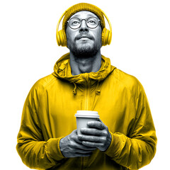 Man in Yellow Jacket Listening to Music and Enjoying Coffee A Stylish Urban Portrait white background against transparent Background