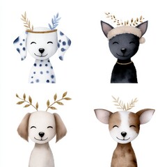 Obraz premium Watercolor illustration hand drawn craft Adorable dogs in festive costumes for Christmas celebrations. Perfect for holiday themed designs and cheerful decorations. on isolated pure white