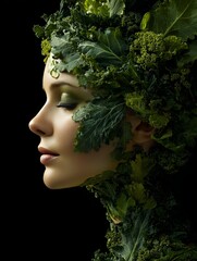 Woman's face merged with leafy greens in dark artistic profile portrait, concept of nature and beauty.