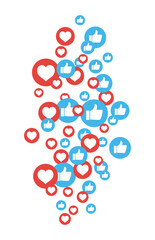 Likes to fly up for stories and live broadcasts. Blue, red bubble with a thumbs up on social media. Set of social media reaction icons - floating hearts, thumbs up. EPS10 vector illustrations