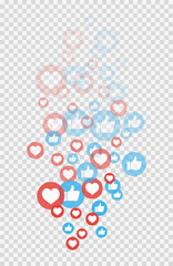 Likes to fly up for stories and live broadcasts. Blue, red bubble with a thumbs up on social media. Set of social media reaction icons - floating hearts, thumbs up. EPS10 vector illustrations