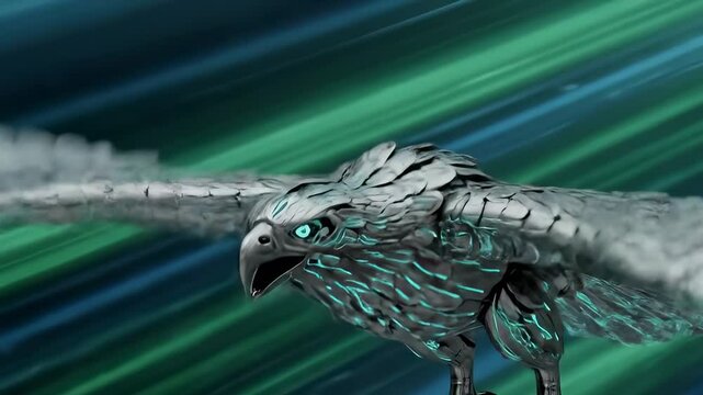 majestic robotic eagle with glowing circuit flies powerfully against a futuristic digital background.