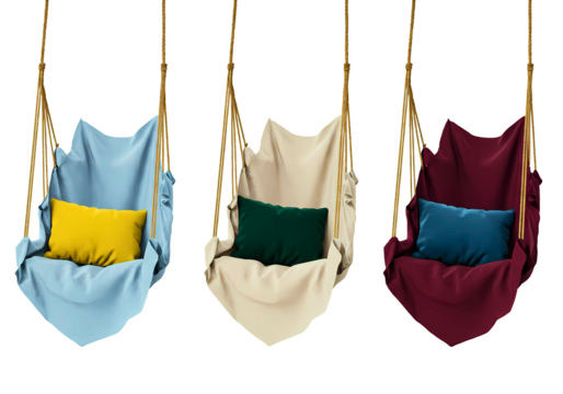 hanging fabric swing with pillows in different colors isolated on transparent background