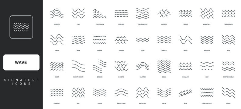 Wave pattern, sea and ocean water ripple, river flow and swimming pool wavy icon set. Curve and zigzag shape, simple two and three, four wave lines thin black outline symbols vector illustration