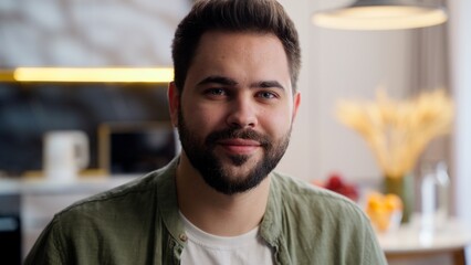 Calm happy smiling bearded Caucasian business man male guy shopper businessman client customer...