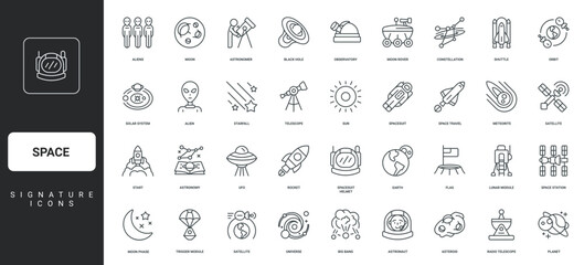 Astronaut, alien, flag on planet surface thin black symbols vector illustration. Space travel and spaceship, futuristic shuttle and observatory, constellation in universe line icon set. © Icon Majesty