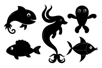 Kids Style Ocean Animal Vector Set – Flat Black Sea Life Silhouettes Collection

