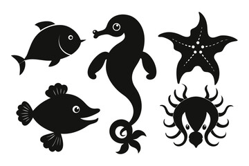 Cute Fish and Dolphin Silhouettes Vector – Hand-drawn Cartoon Ocean Animals