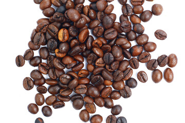 Roasted scattered coffee beans flat lay top view on white background cutout file. Mockup template for artwork. Wallpaper banner