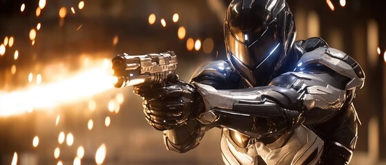 Powered armor figure firing a gun