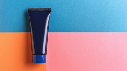 Dark blue toothpaste tube on orange pink gradient background, flat lay beauty product mockup. Beauty, cosmetics, product display, gradient, background, flatlay, toothpaste, tube, packaging, mockup.