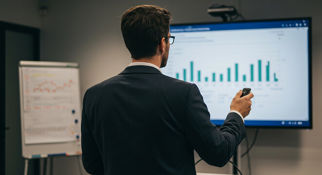 A confident businessman presenting growth charts with a remote sharing future insights in a modern business meeting with
