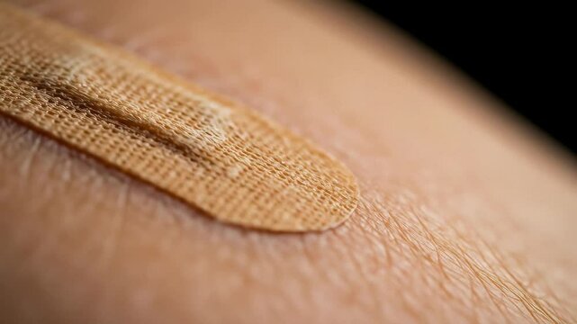 Close up of an adhesive band aid patch on human skin. Medical plaster for wound care and injury protection. First aid concept footage.