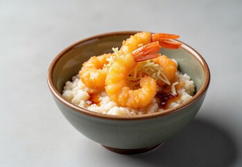 Crispy shrimp tempura rice bowl with nori, pickled ginger, and soy glaze, overhead photography for Japanese meal branding