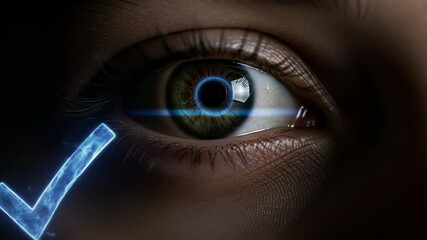 Futuristic blue light scans a human eye displaying a digital checkmark and transforming the iris for biometric authentication. - Powered by Adobe
