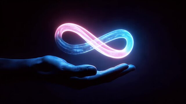 A hand gently cradles a glowing infinity symbol, surrounded by a dark background, symbolizing continuity