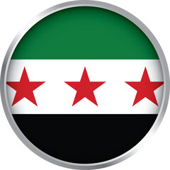 round icon of syrian independence flag with three red stars and metallic border – symbol of freedom and identity

