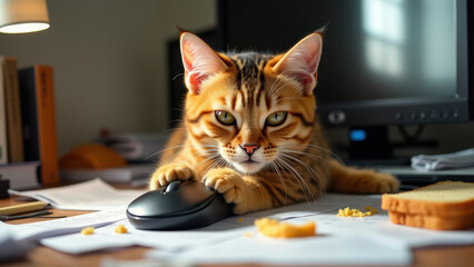 Cat blocking workspace while owner works remotely