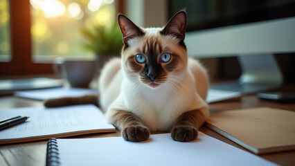 Cat blocking workspace while owner works remotely