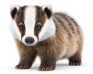 Fototapeta premium Adorable Baby Badger Portrait Brown and White Fur, White Background