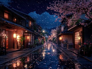 Rainy night in a Japanese town with cherry blossoms