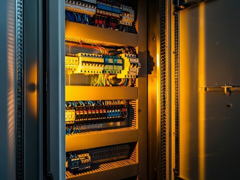Intricate electrical panel with warm illumination and organized wiring