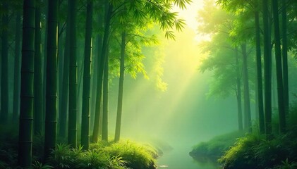 Fototapeta premium Serene Bamboo Forest in Soft Morning Sunlight Mist-Shrouded Tranquility for Meditation and Nature Themes