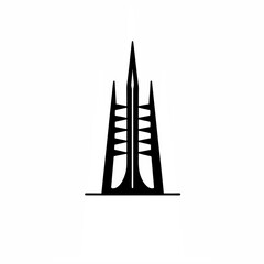 Silhouette of a futuristic skyscraper with sharp edges on white background