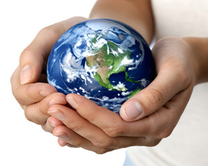 Hands gently holding Earth, symbolizing global care, protection, and environmental responsibility.