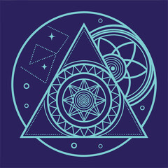 Futuristic Geometric Mandala Design Teal Blue and Dark Blue Abstract Art vector