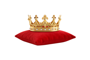 Golden ornate crown with fleur-de-lis points and jeweled band resting on red velvet pillow, isolated on a transparent background
