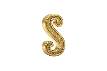 Golden decorative letter S with circular diamond patterns and luxurious detailing, isolated on a transparent background