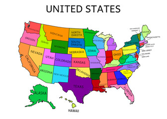 A colorful map of the United States. The map is divided into sections and each section is labeled with a different state